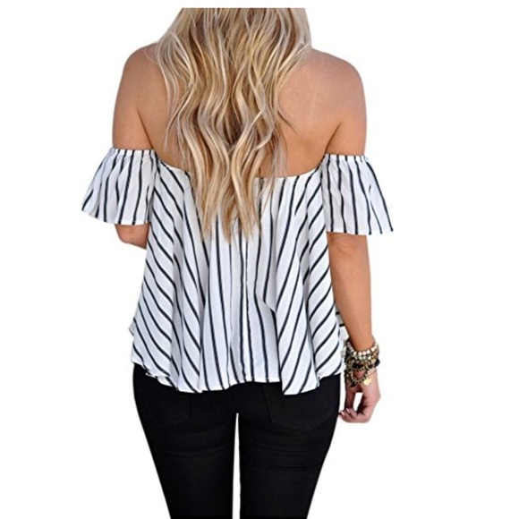 MOLLY Black & White Ruffle Off Shoulder  Blouse - Picture 2 of 4
